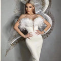 3 Colors Gorgeous Feathers Shining Sequins V-Neck Strapless Mini Dress Woman Birthday Party Vestido NightClub Party Outfit WHITE