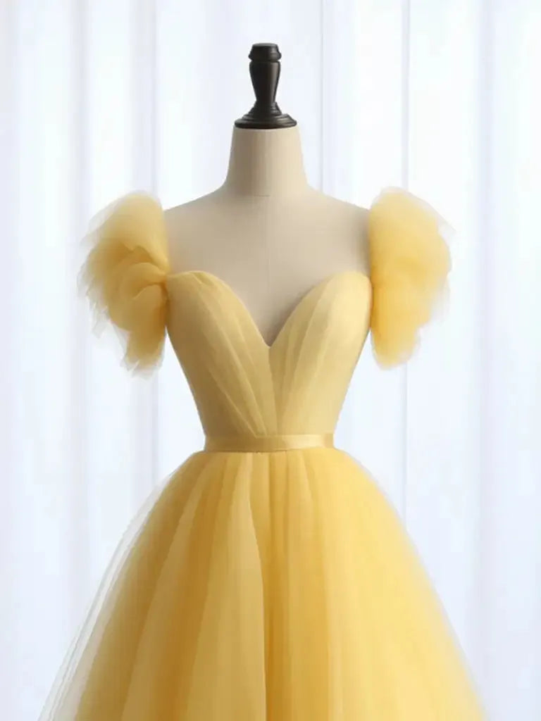 Elegant Prom Dresses Formal Party A-line Tulle Evening Gown Sweethaert Pleats A Line Empire Waist Long Special Occasion Gowns Yellow