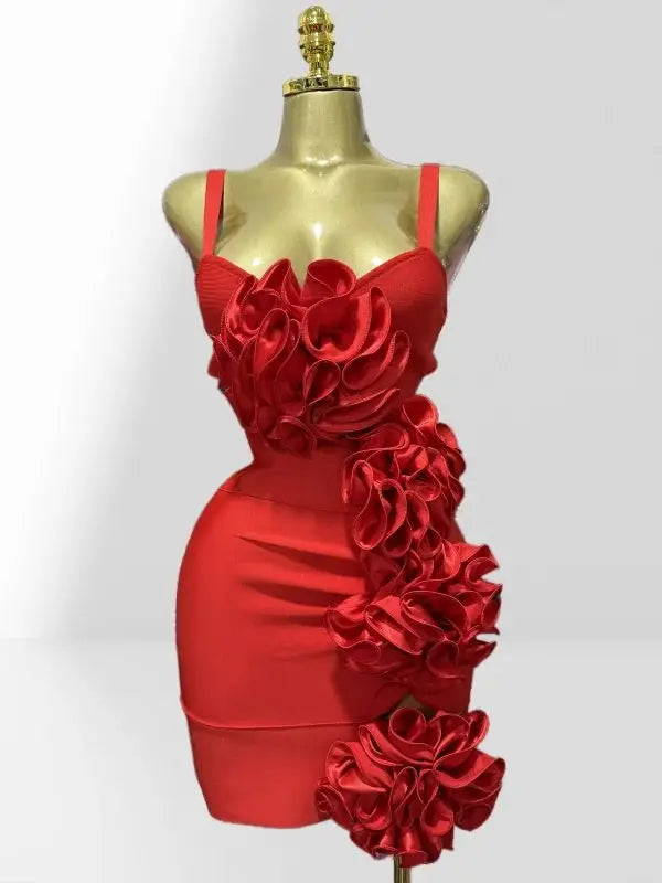 Summer Stereoscopic Flowers Sexy Hollow Out Spaghetti Red Bandage Mini Dress Sweet Woman Party Dress Birthday Party Vestido Red