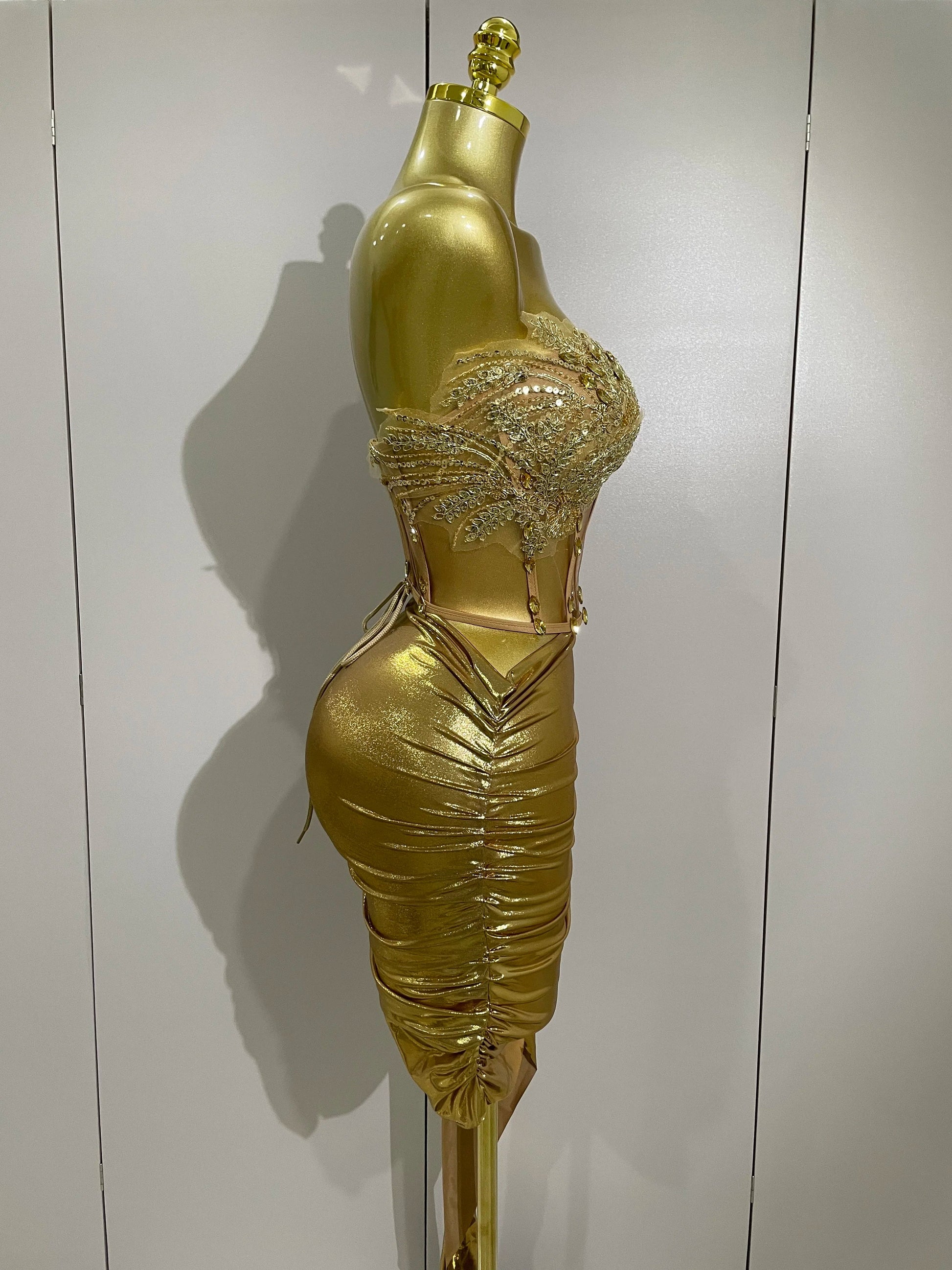 Sparkly Gold Sexy Top Two Pieces Short Skirt Set Women Celebrate Birthday Dress Party NightClub Dancer Show Stage Outfit