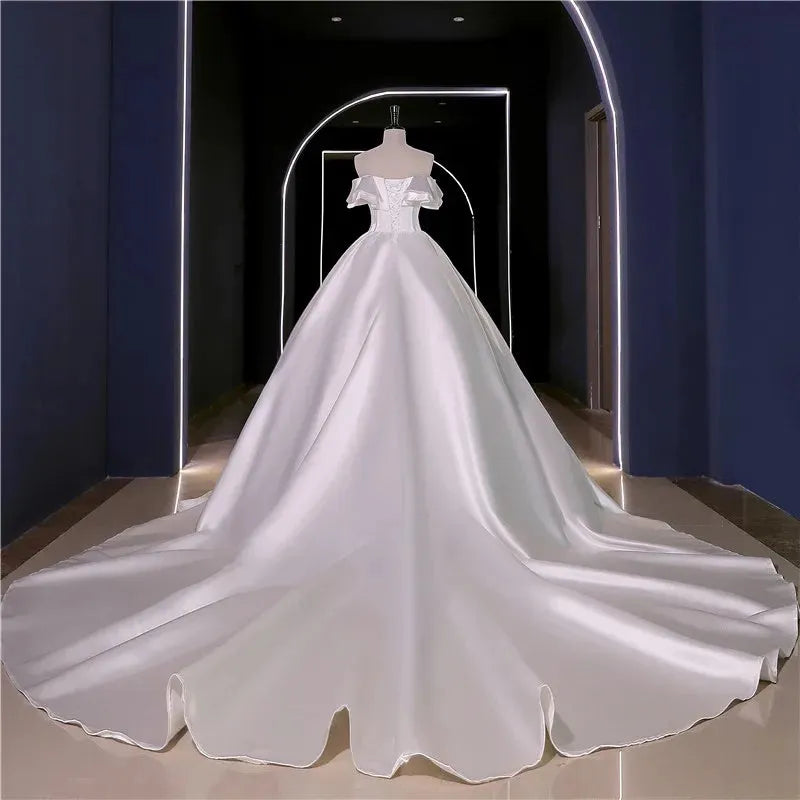 Soft Satin Wedding Dresses Simple Vestido De Noiva Elegant Boat Neck Classic Real Photo Ball Gown Customize Robe De Mariee Floor lrgnth 14w