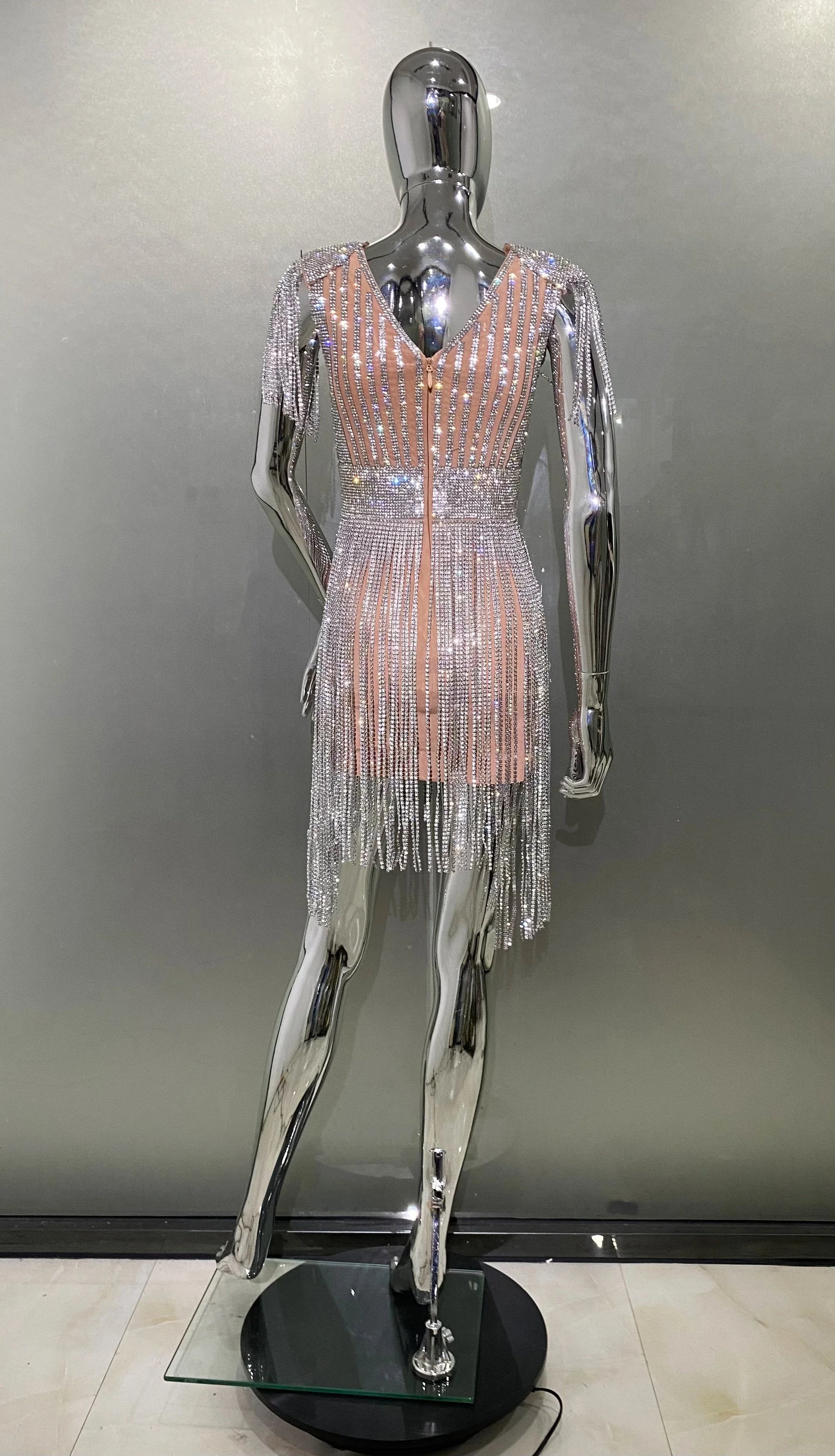 Super Shining Diamonds Tassel Sleeveless Mini Evening Dress Woman Birthday Party Outfit Performance Costume