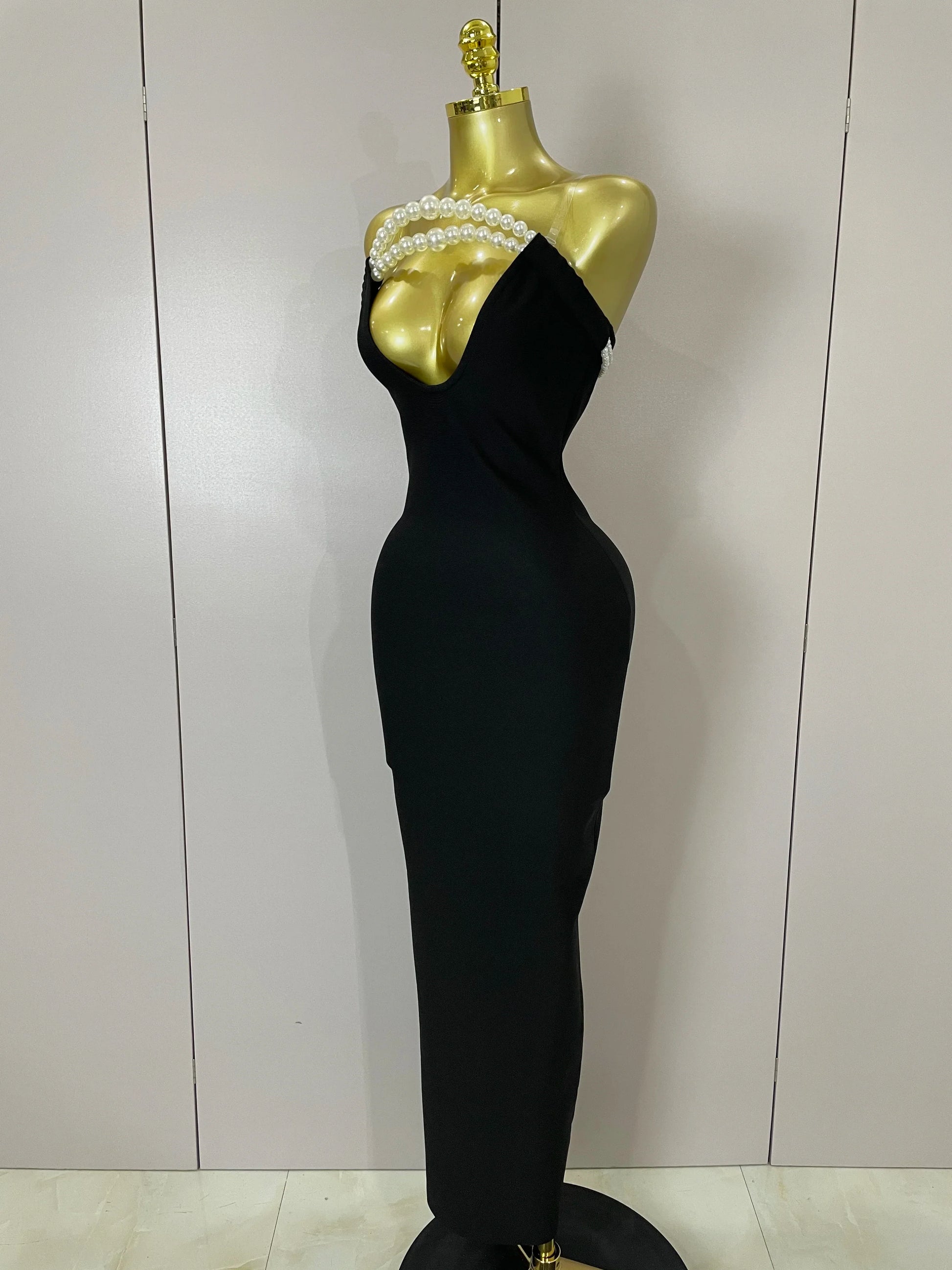 Sexy Backless Strapless Black Beading Long Bandage Bodycon Dress Women Celebrity Elegant Evening Luxury Birthday Dresses