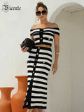 Stylish Black & White Color Block Off-Shoulder Striped Ensemble with Button Midi Dress Suit for Date Night Glam Gown