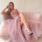 Pink Prom Dresses V-neck Tulle A-line فساتين السهرة Elegant Sleeveless Floor-Length Sexy Side Split vestidos verano moda