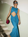 Turquoise Sleeveless Draped Dress with Waist Cutout for Fashion Party Prom Gown