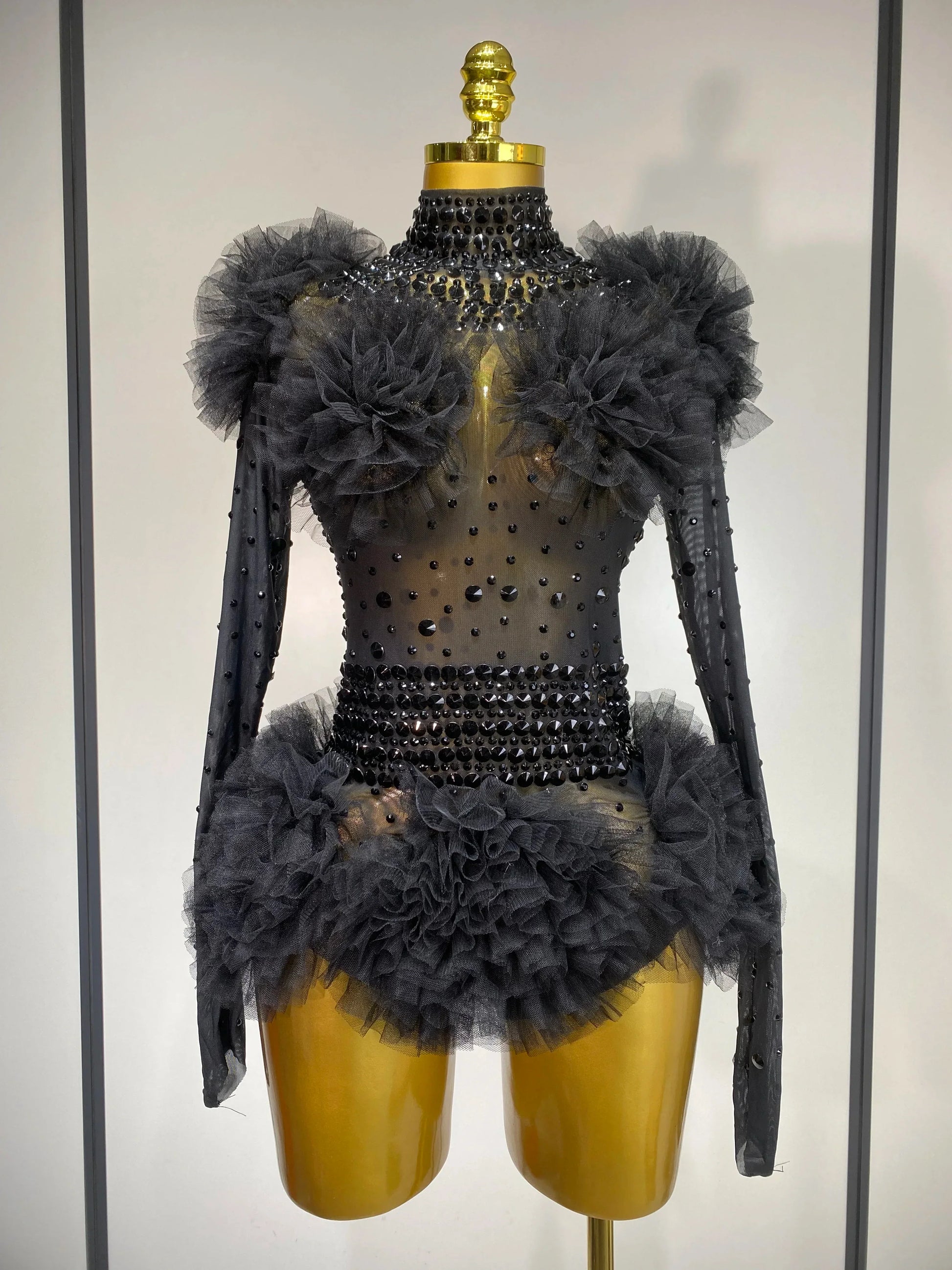 Sexy See Through Rhinestone Bodysuit Women Sexy Tight Mesh Ruffles Performance Dancer Singer Costume Nightclub Stage Outfit black