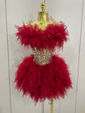 Women Sexy Backless Strap Mesh Fluffy Skirt 2 Pieces Diamond Sequins Stage Performance Costume Birthday Party Shooting Dress Red