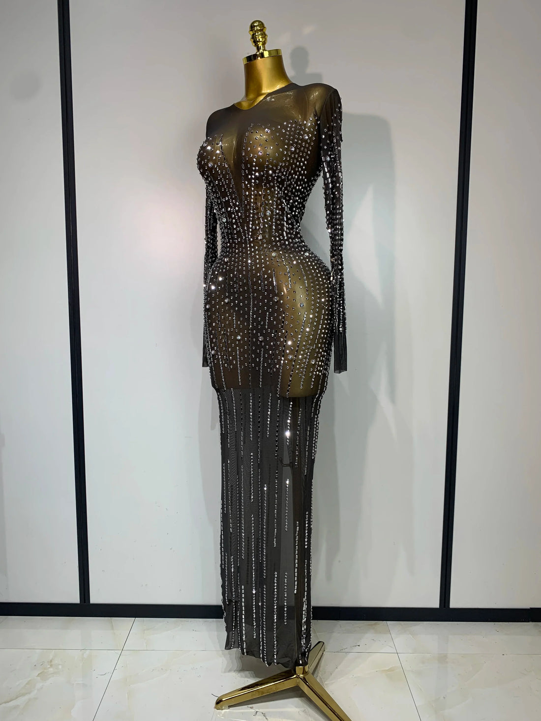 Women Sexy Long Sleeve Mesh See Through Dress Elegant Evening Party Luxury Birthday Club Rhinestone Performance Costume black