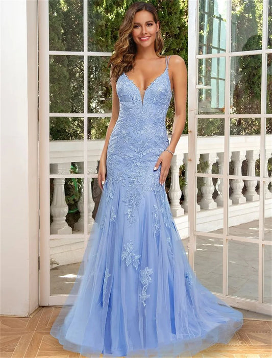 Romantic Lace Embroid Vestidos De Noche Sweet Baby Blue Mermaid Prom Dress Fairy Lace V-neck Fishtail فساتين السهرة