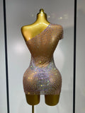 Sparkly Rhinestones Women Sexy One Shoulder Bodycon Mini Dress Mesh See Through Celebrate Nightclub Party Birthday Stage Outfit