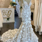 SPAGHETTI Tali Ilusi Gaun Pengantin Putri Duyung V-Neck Buka Kembali 3d Floral Lace Gaun Pengantin Vestidos de Novia