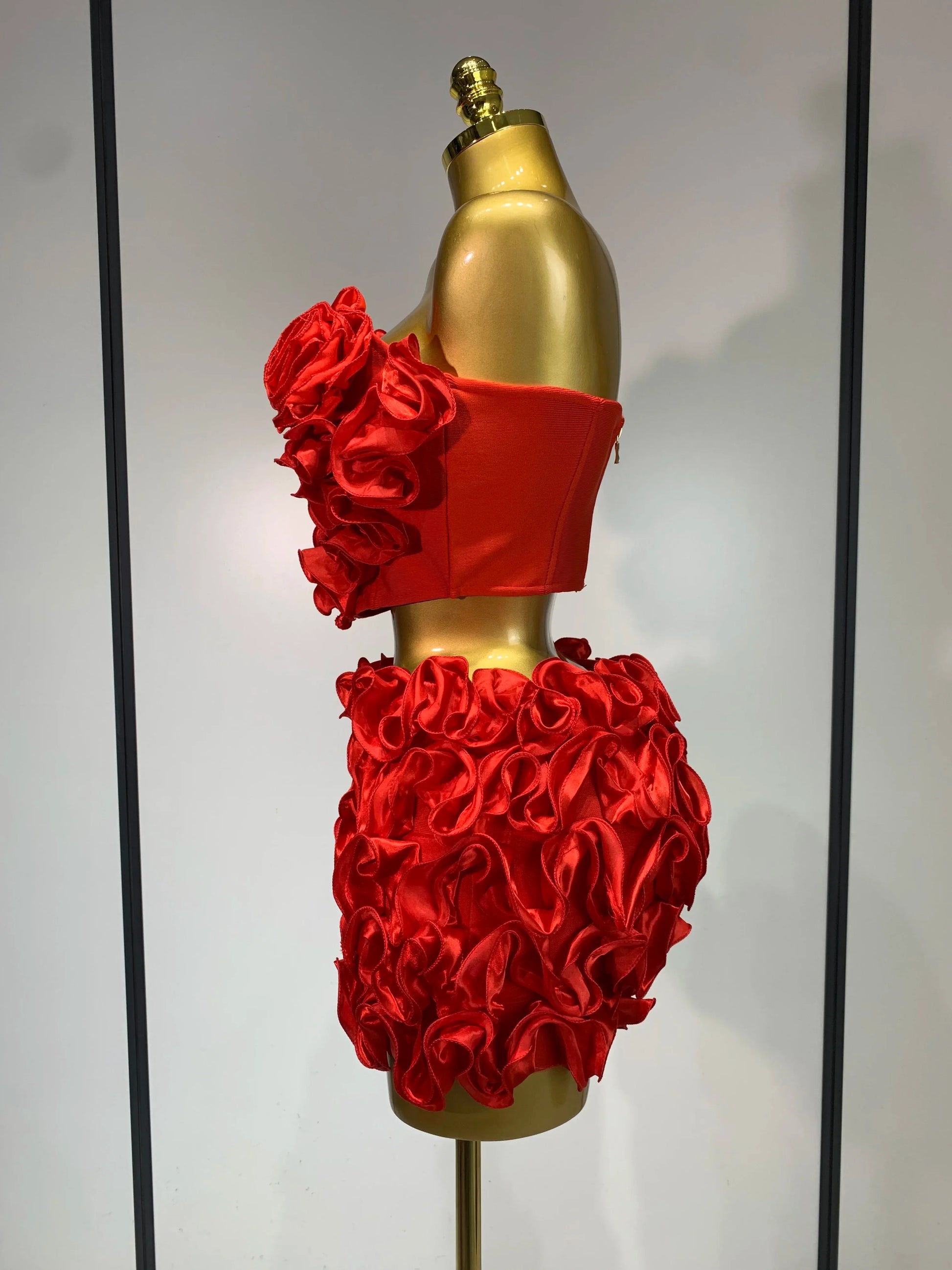 Women Sexy Strapless Red flower Top With Mini Skirt Bodycon Bandage Suit Celebrity Party Cocktail Birthday Two Pieces Set
