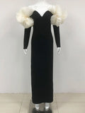 Sexy Women Long Bandage Dress Fashionable Off Shoulder Chiffon Patchwork Long Sleeved Bodycon Backless Dress Party Vestidos black