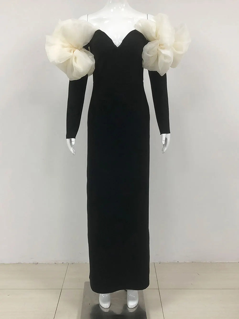 Sexy Women Long Bandage Dress Fashionable Off Shoulder Chiffon Patchwork Long Sleeved Bodycon Backless Dress Party Vestidos black
