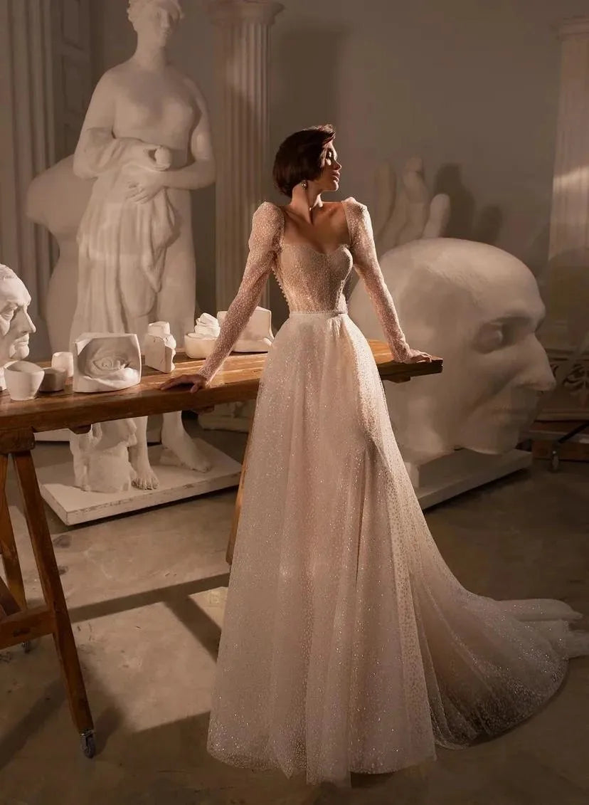 Shiny Sweetheart Princess Wedding Dresses Long Sleeve Glitter Tulle Boho Bride dresses Vestidos de novia 2022
