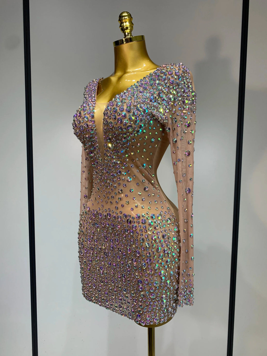 Sparkly Luxury Rhinestones Colourful Mini Dress Women Sexy Mesh See Through Birthday Performance Costume Dancer Stage Wear MULTI