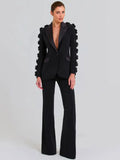 Women Suit Pants Set with Collar, Long Sleeve, Three Dimensional Flower Decoration, Slim Fit Suit Coat+Two Piece Pants Set black