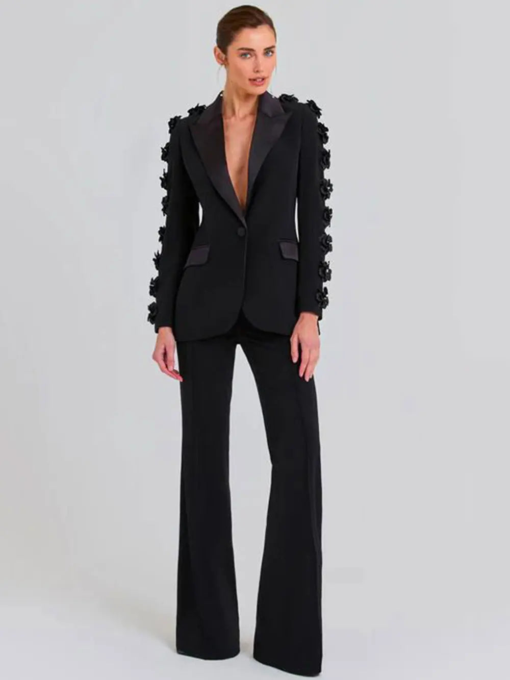 Women Suit Pants Set with Collar, Long Sleeve, Three Dimensional Flower Decoration, Slim Fit Suit Coat+Two Piece Pants Set black
