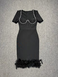 Black Color Women Sexy Sqaure Collar Short Sleeve Bodycon Bandage Mid-calf Dress Celebrate Evening Party Cocktail Dress