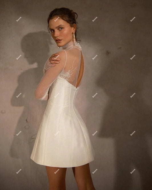 A-line mini sukienki na przyjęcie weselne długie rękawy wysokie szyi sukienki na panny młode plamy koronkowe krótkie mody mostowe sukienki koktajlowe