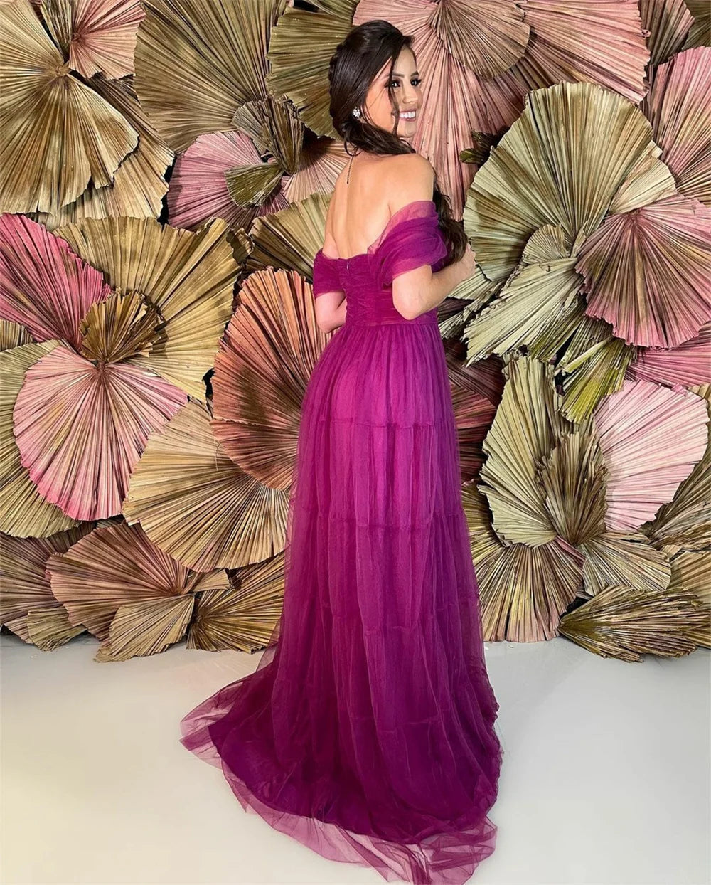 Purple A-line Floor Lenght فساتين مناسبة رسمية Sexy Off-Shoulder Prom Dress Multi-layer Tulle Vestidos De Noche