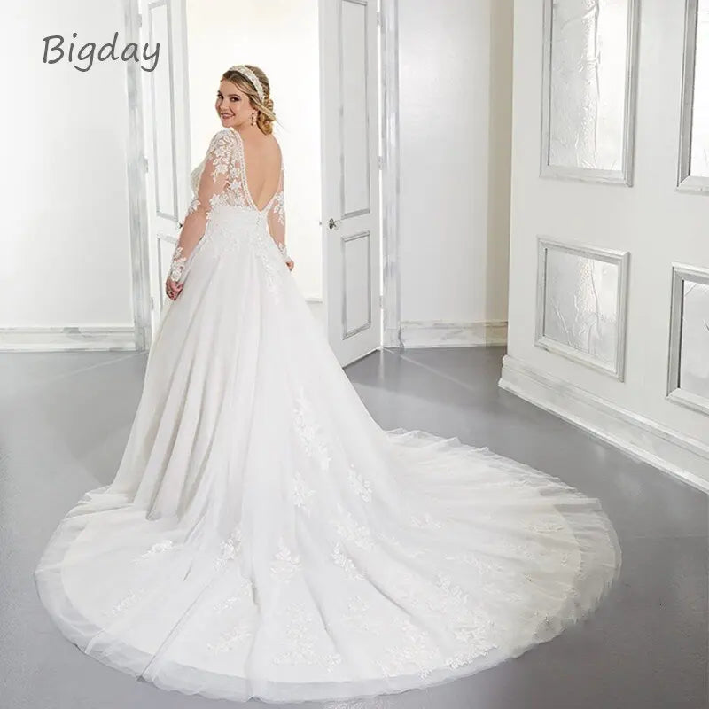 Pakaian Perkahwinan Plus Saiz Wanita Lengan Panjang V-Neck A-Line Backless Lace Appliques Bridal Gown Sweep Train Vestidos de Novia