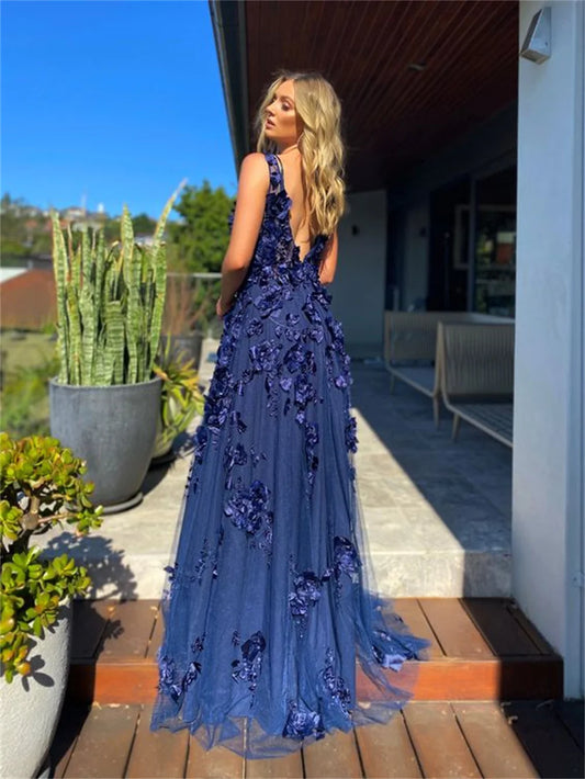 3D Lace Embroid Vestidos De Noche Sexy V-neck Tulle Prom Dress Dark Blue Sleeveless A-line فساتين السهرة