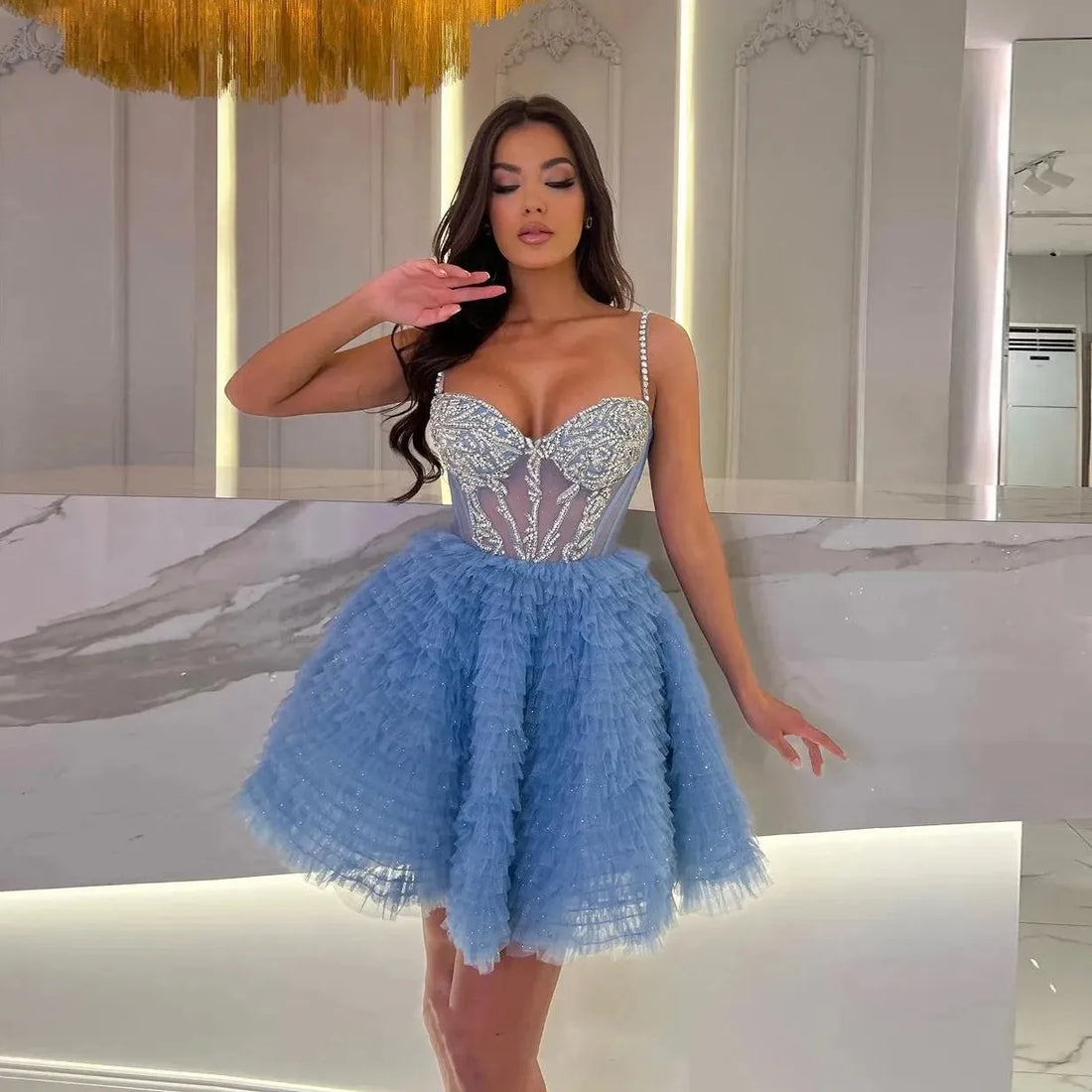 Blue Short Prom Dresses with Beading Corset Spaghetti Strap Tiered Tulle Cocktail Gown Sweetheart Formal Party Dress