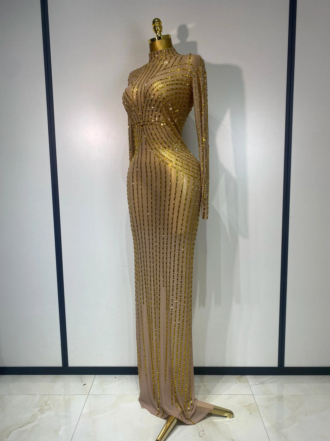 Sexy Long Sleeve Mesh See Through Gold Silver Maxi Dress Evening Party Singer Costume Stage Performance Luxury Birthday Dress Gold