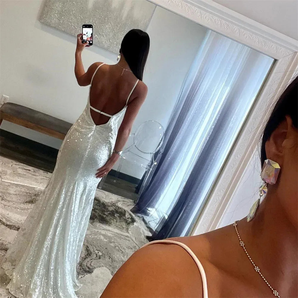 White Mermaid Prom Dresses Spaghetti Strap Evening Dress Elegant Sleeveless Backless Long Train Party vestidos de fiesta as pic