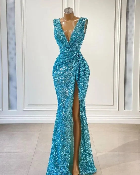 Blue Evening Dresses Sparkly Bling Sequine Mermaid V Neck Ruched Sleeveless Floor Length Formal Party Special Occasion Prom Gown