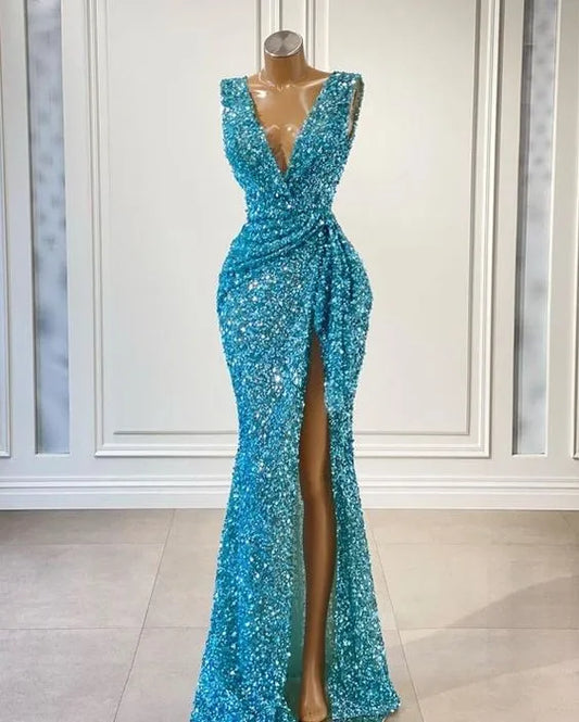 Blue Evening Dresses Sparkly Bling Sequine Mermaid V Neck Ruched Sleeveless Floor Length Formal Party Special Occasion Prom Gown