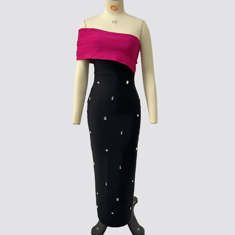 4 Colors Women Sexy Strapless Shinning Rhinestones Bodycon Long Bandage Dress Nightclub Party Celebrate Fashion Birthday Outfit