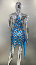 Blue Sequins Shining Diamonds Long Tassel Sleeveless Mini Dress 2 Pieces Birthday Party Outfit Performances Costume