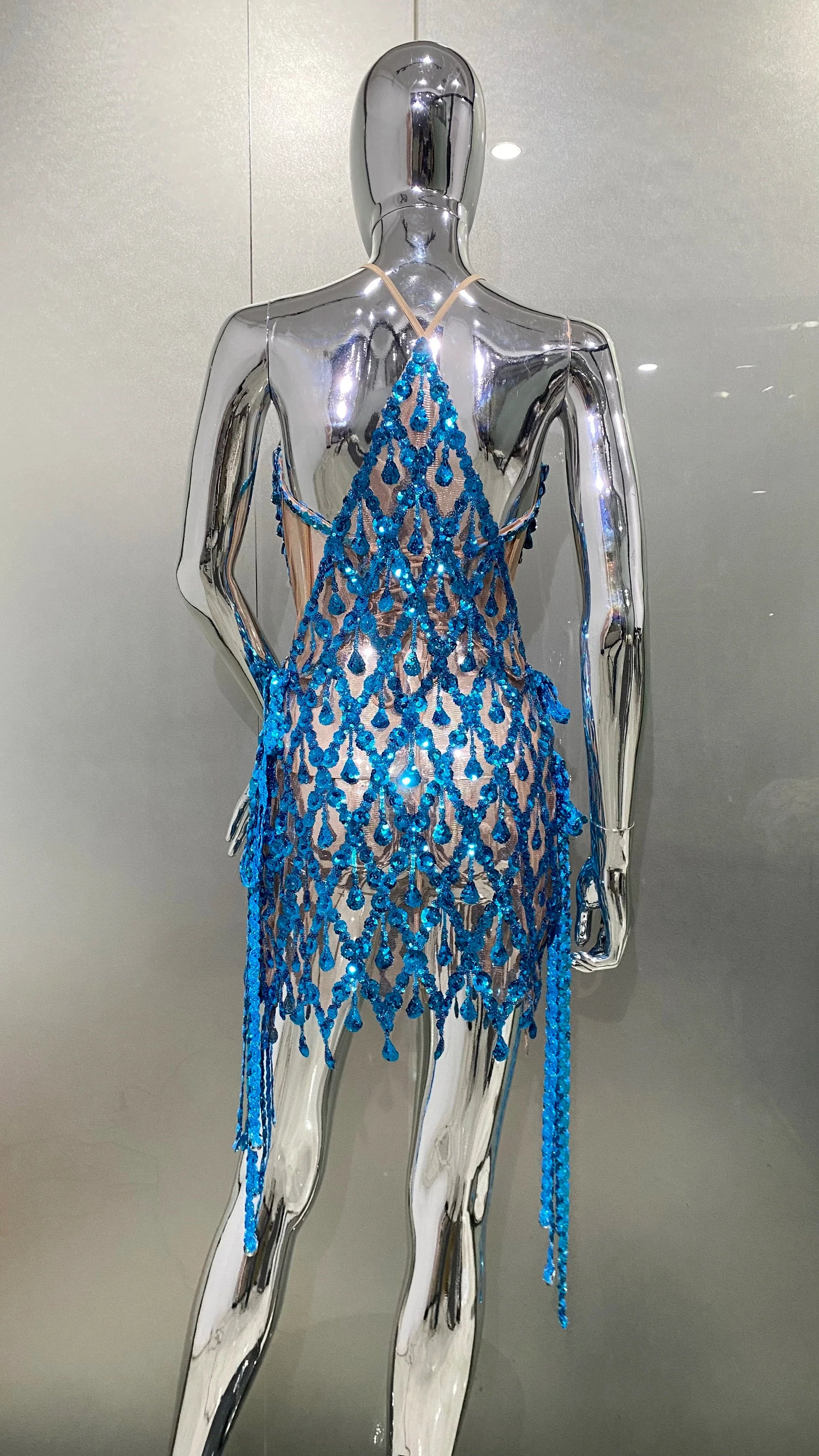 Blue Sequins Shining Diamonds Long Tassel Sleeveless Mini Dress 2 Pieces Birthday Party Outfit Performances Costume