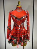 Women Sexy High Elastic A-Line Long Sleeve Dress Performance Costume Sparkly Nightclub Evening Party Hotwife Stage Outfit Red