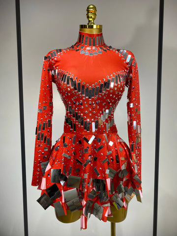 Women Sexy High Elastic A-Line Long Sleeve Dress Performance Costume Sparkly Nightclub Evening Party Hotwife Stage Outfit Red
