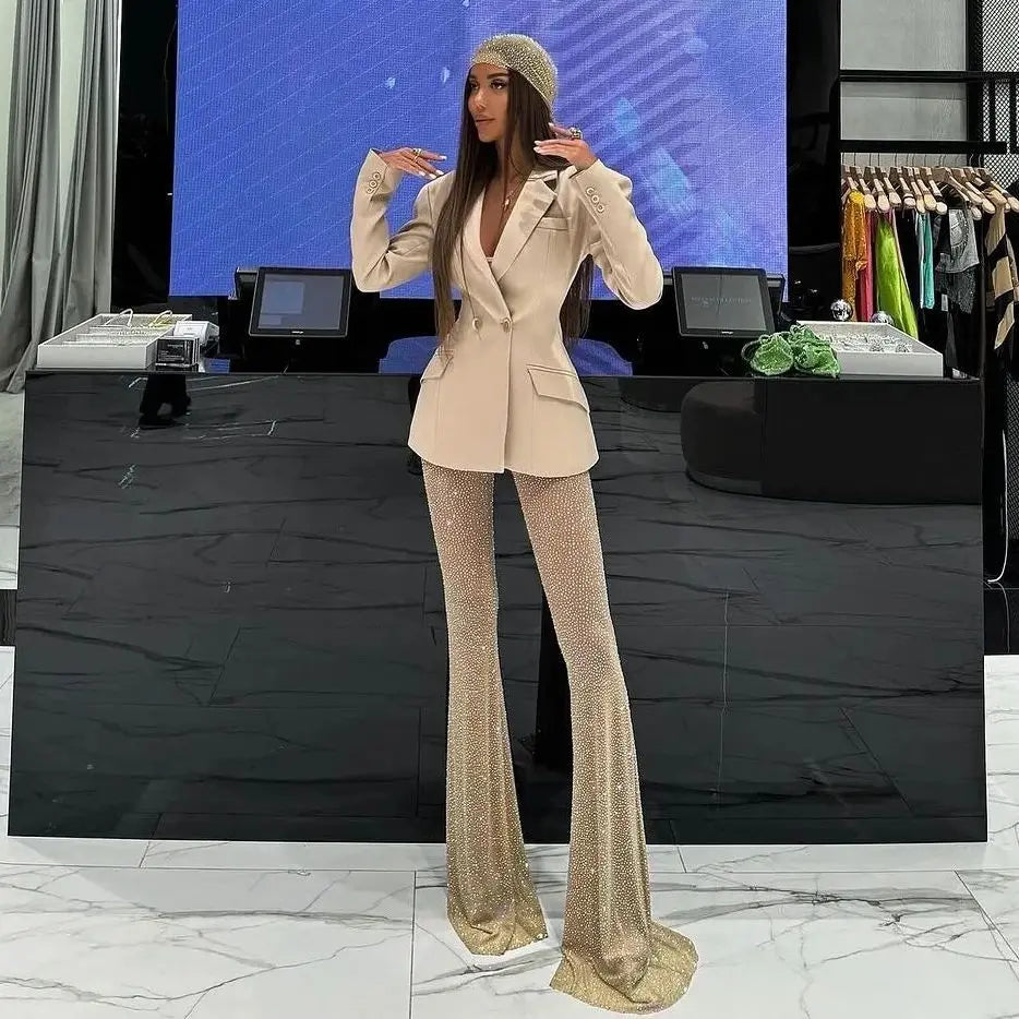 Stylish Woman Oversize Suit Coat And Shining Diamonds Mesh Pants 2 Pieces Set Fashion Woman High Street Wear Party Outfit Beige