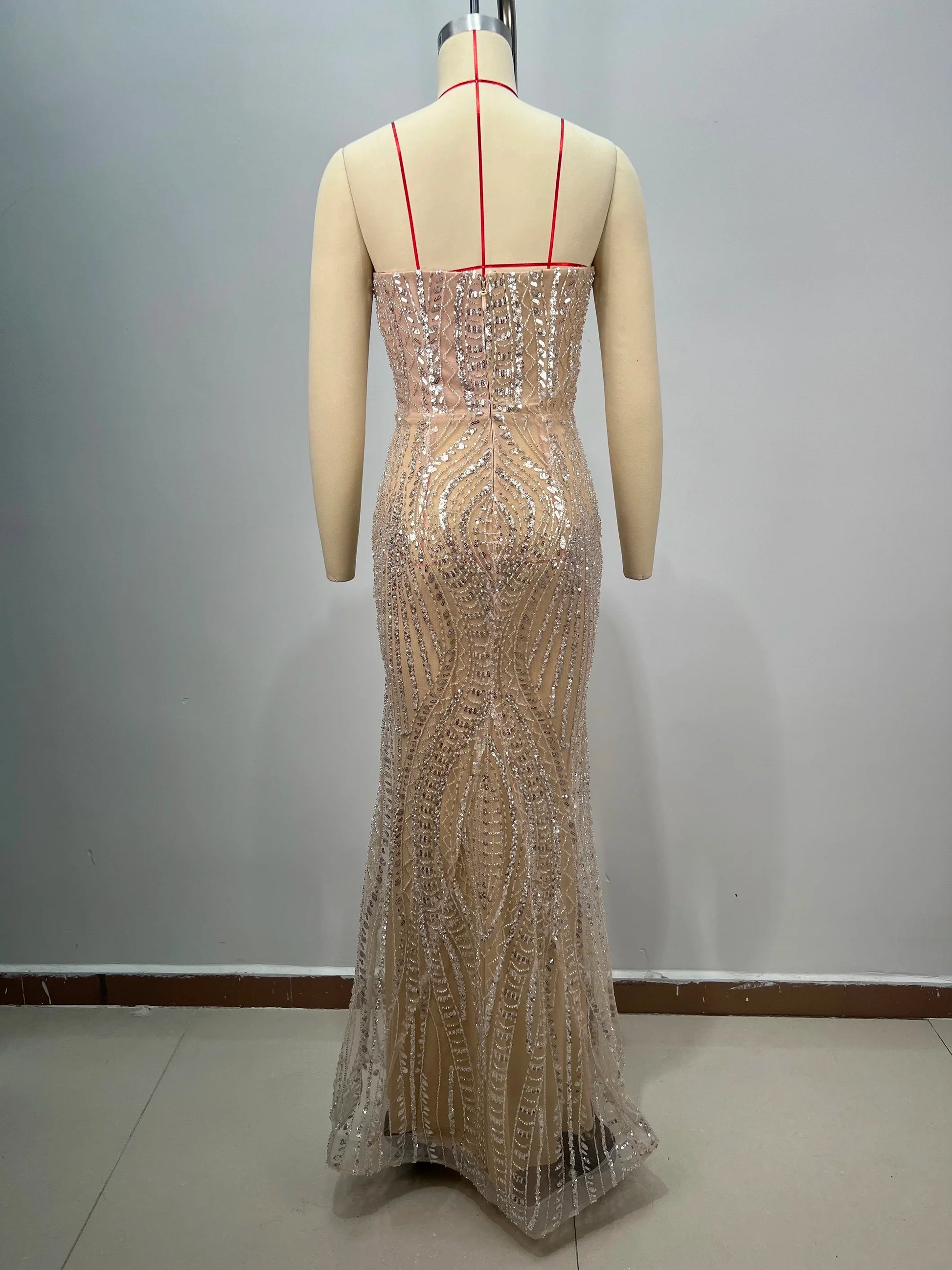 Luxury Diamond Champagne Sequins Sexy Straplerss Ankle Length Dress Woman Birthday Party Dress Celebrity Cocktail Party Vestido