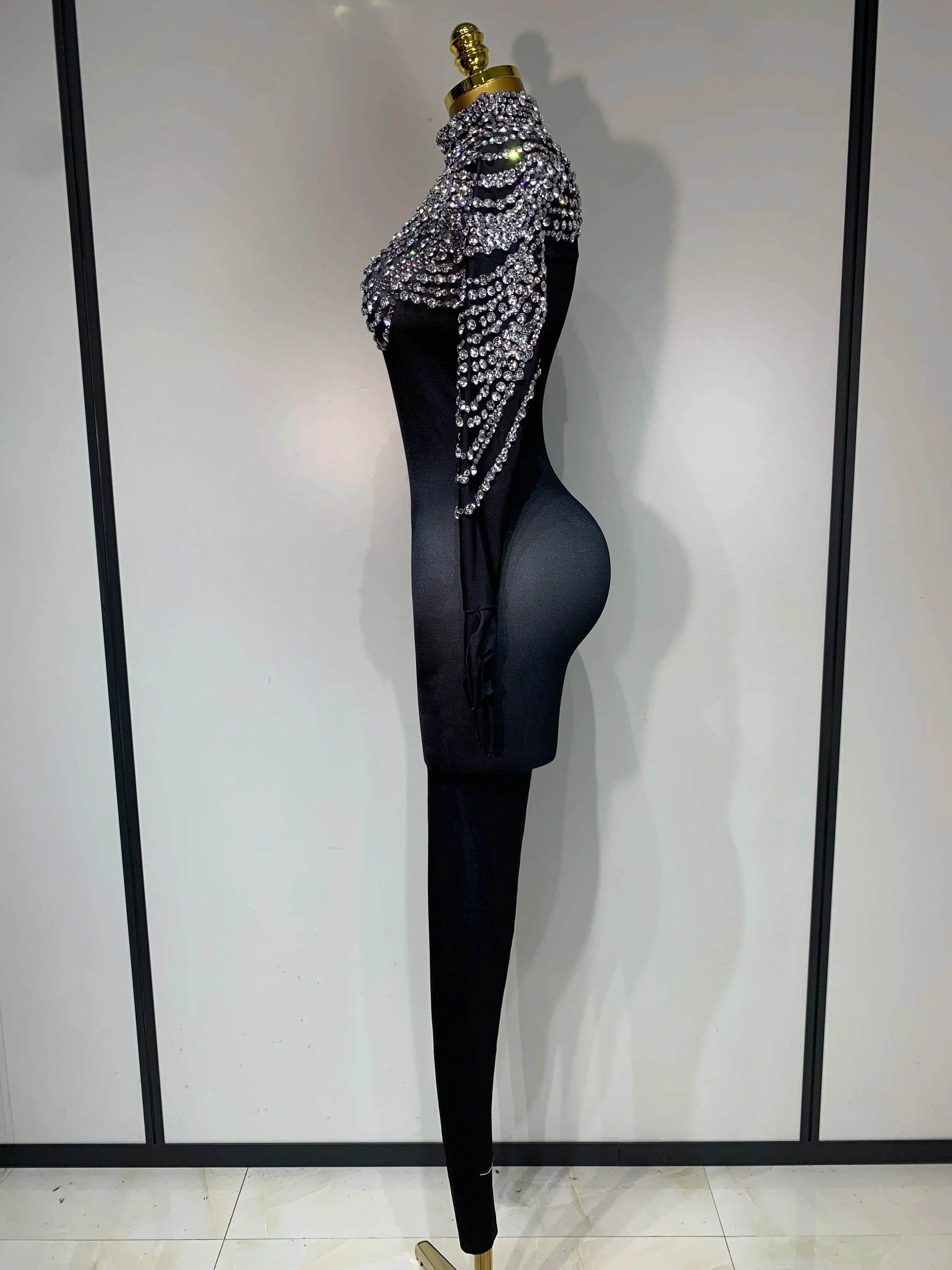 Women Sexy Nightclub Evening Party Drag Queen Singer Dancer Stage Performance Costume Luxury Rhinestone Stretch Jumpsuit
