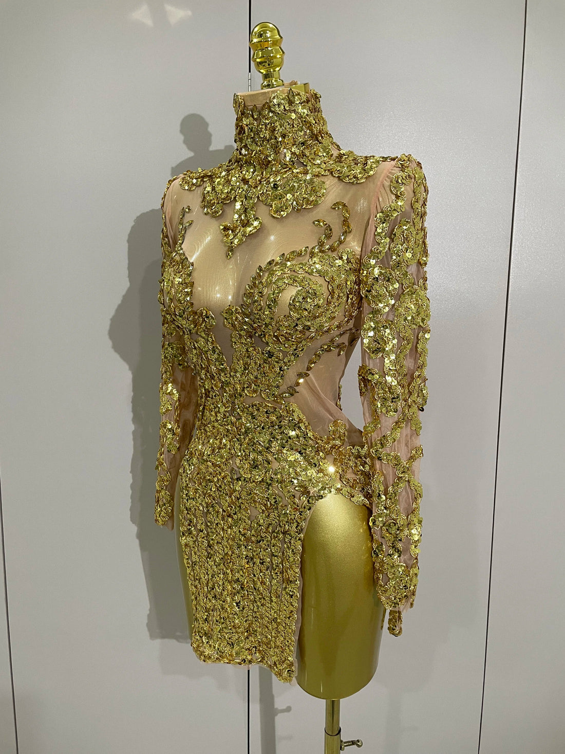 Luxury Sparkly Sequins Stretch Long Sleeve Mesh Mini Dress Women Birthday Party Nightclub Dancer Stage Performance Costume Gold