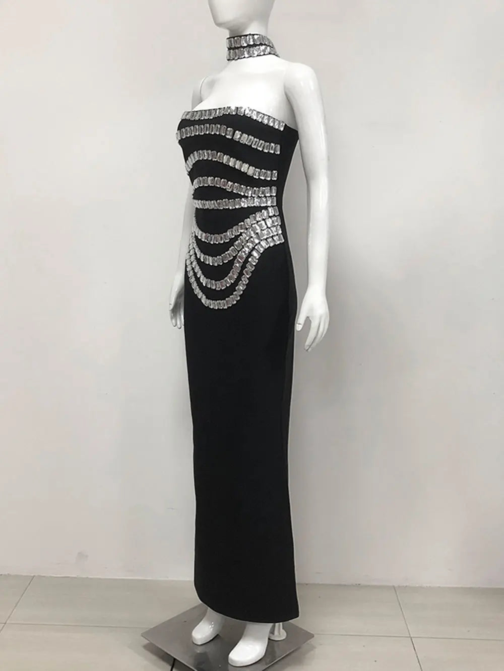 Spring Women Light Luxury Bead Design Bandage Dress+Neck Set Strapless Sleeveless Bodycon Backless Long Dress Party Vestido black