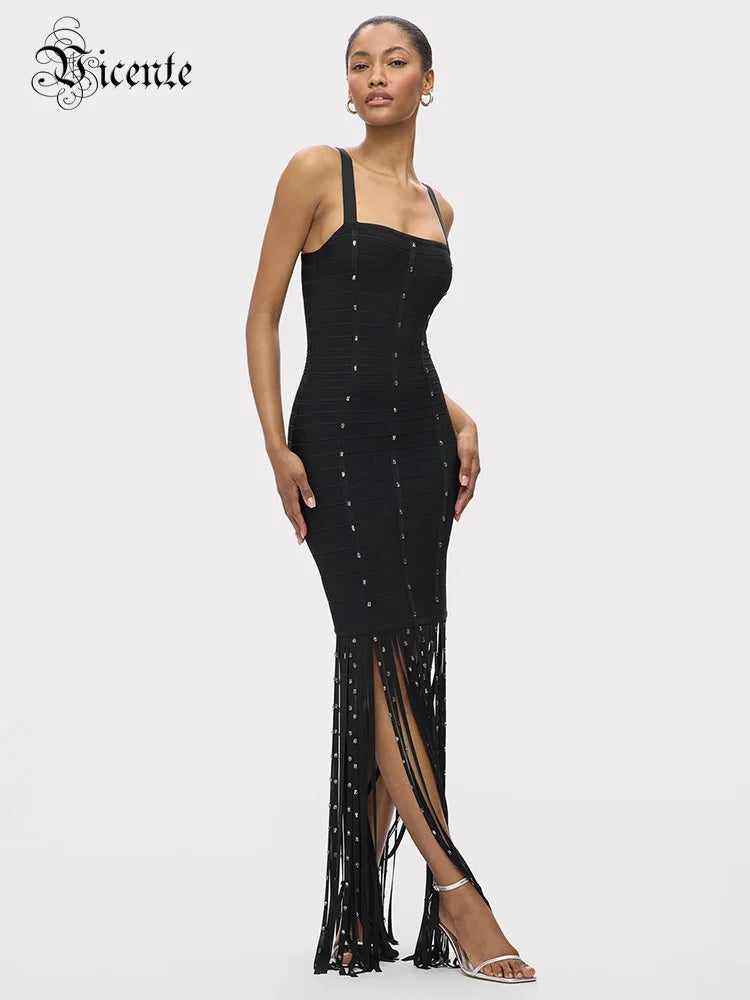 Black Diamond Tassel Spaghetti Straps Long Dress Backless Sleeveless Fringed Patchwork Bodycon Evening Party Gowns
