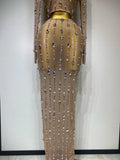 Women Sparkly Rhinestones Top Long Skirt Two Pieces Set Singer Dancer Nightclub Stage Performance Costume Luxury Birthday Dress