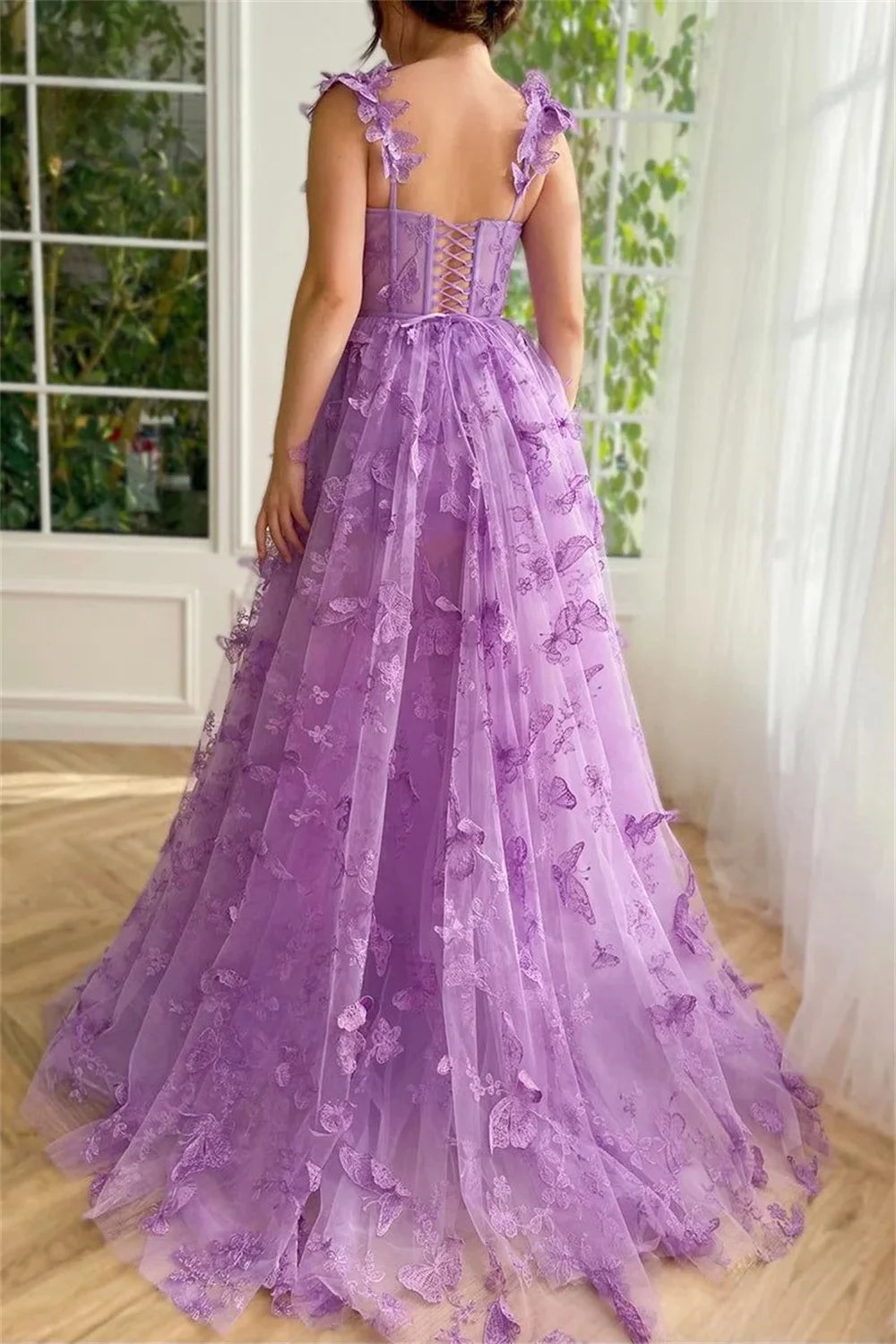 Purple Prom Dresses Lace Embroidery Tulle فساتين السهرة Elegant Sleeveless 3D Butterfly Floor-Length vestidos verano moda