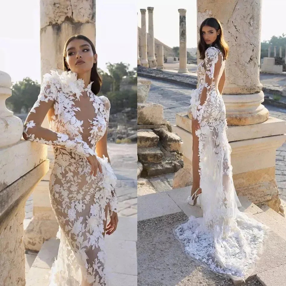 Robe De Mariee Sexy Mermaid Wedding Dress High Collar Side Slit Lace Appliques Long Sleeve Sweep Train Boho Bridal Gown Ivory 24w