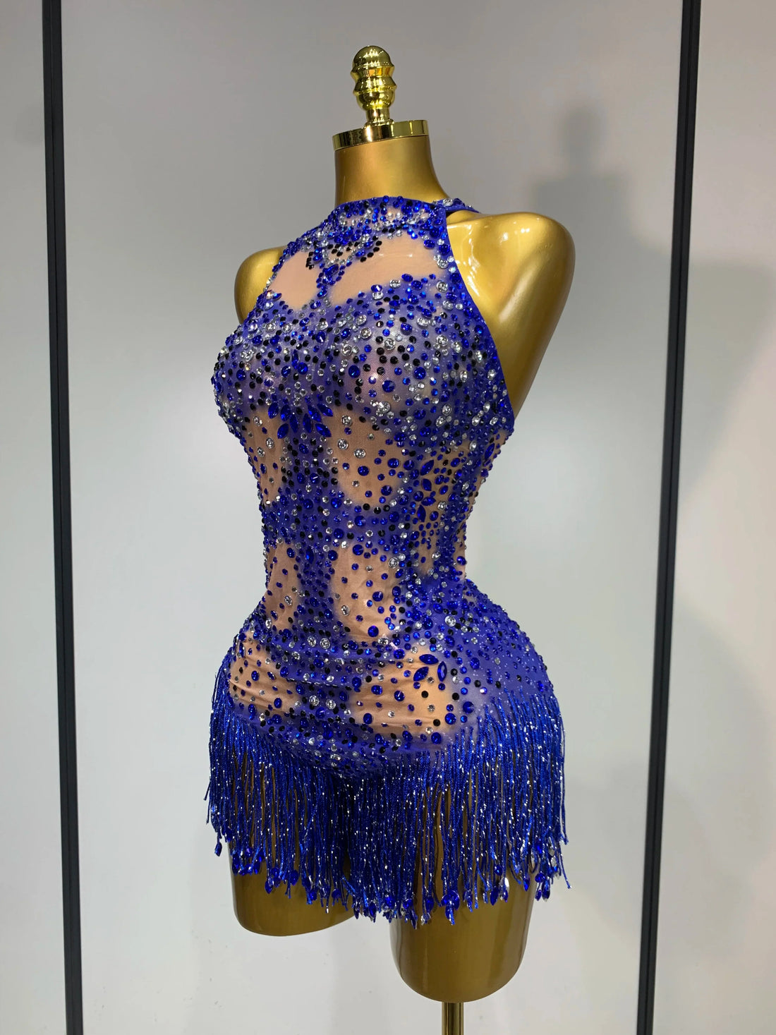 Women Sexy Backless blue Rhinestone Tassel Bodysuit Evening Party Club Singer Stage Performance Costume Luxury Birthday Dress Blue