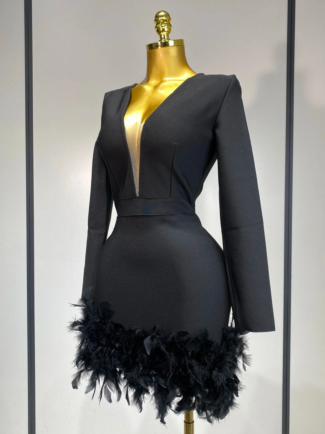 Women Fashion Sexy V Neck Long Sleeve Black Feather Mini Bodycon Bandage Dress Elegant Evening Club Birthday Party Dress black