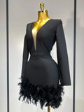 Women Fashion Sexy V Neck Long Sleeve Black Feather Mini Bodycon Bandage Dress Elegant Evening Club Birthday Party Dress
